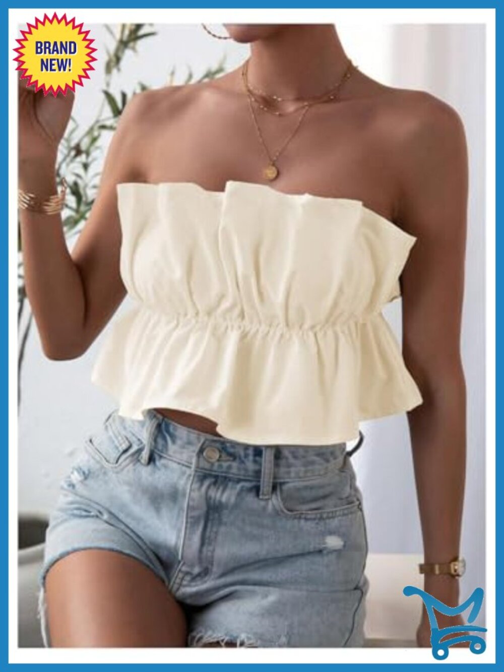 Strapless Bubble Tube Top Ruffle Open Back Sleeveless Bandeau Peplum Crop Top - Picture 3 of 4
